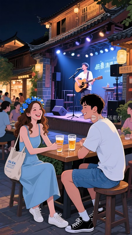 古镇夜色下的浪漫吉他演奏