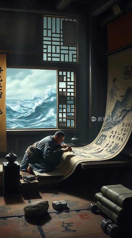 古风画师绘海景