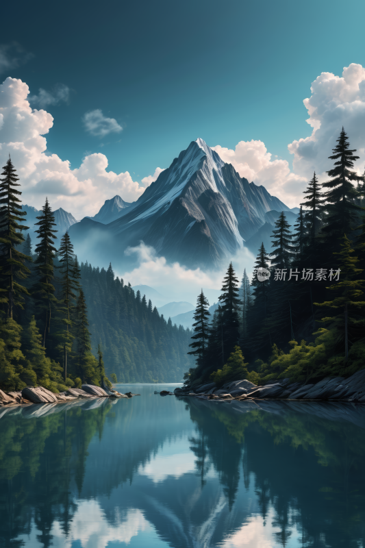 一座山前景是湖泊和树木高清风景插图片