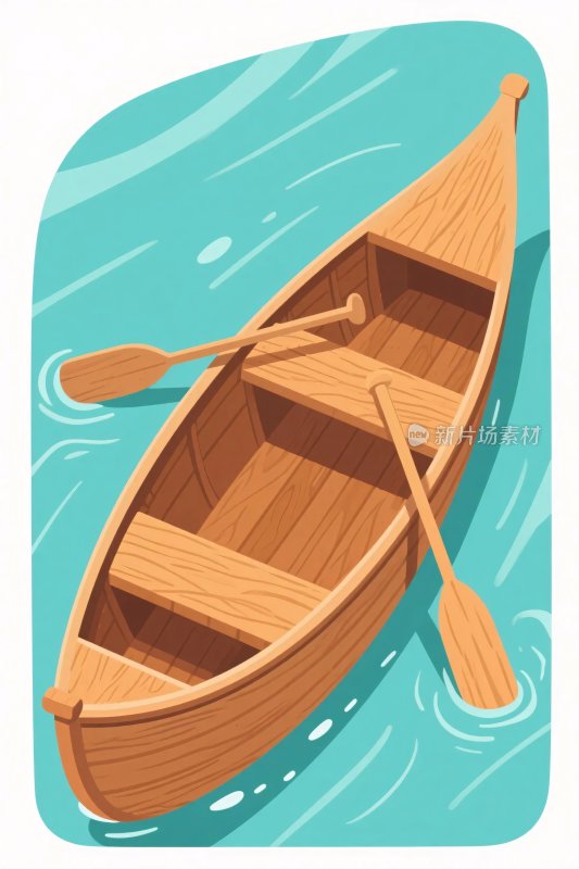 插画中的木质小船与船桨