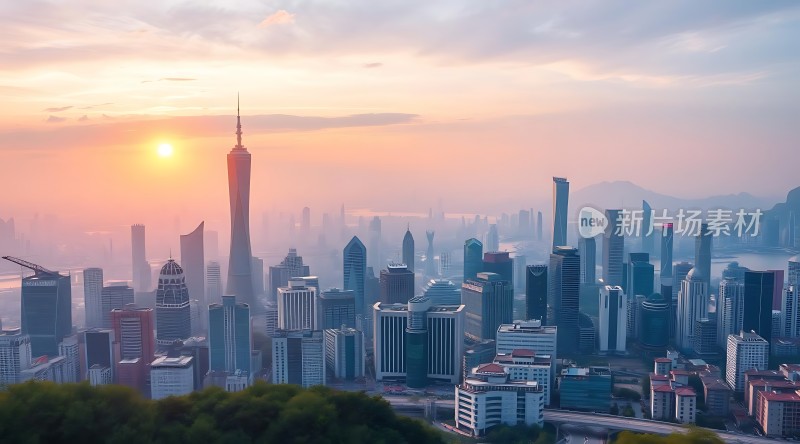 城市日出摩天大楼林立阳光洒满大地