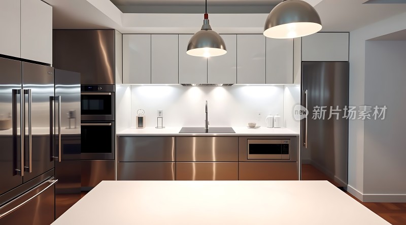 现代厨房设计简约风格不锈钢家电白色橱柜时尚吊灯