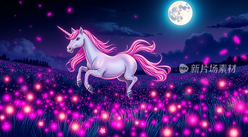 粉发独角兽在梦幻花海中奔跑