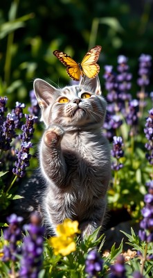 小猫与蝴蝶共舞于花丛间