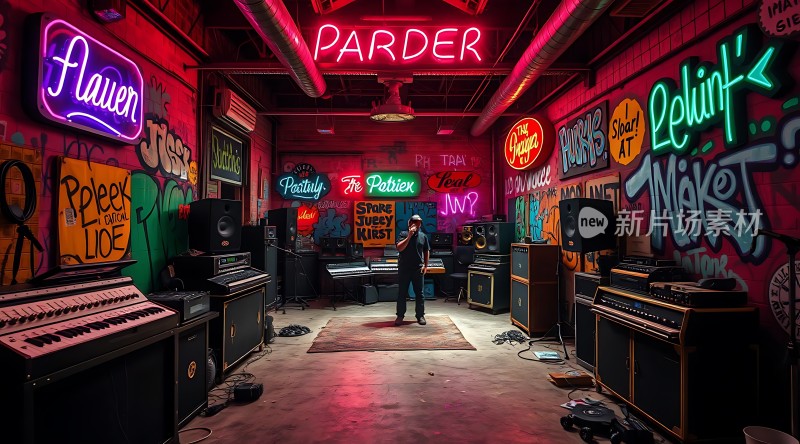 霓虹灯光下的音乐工作室