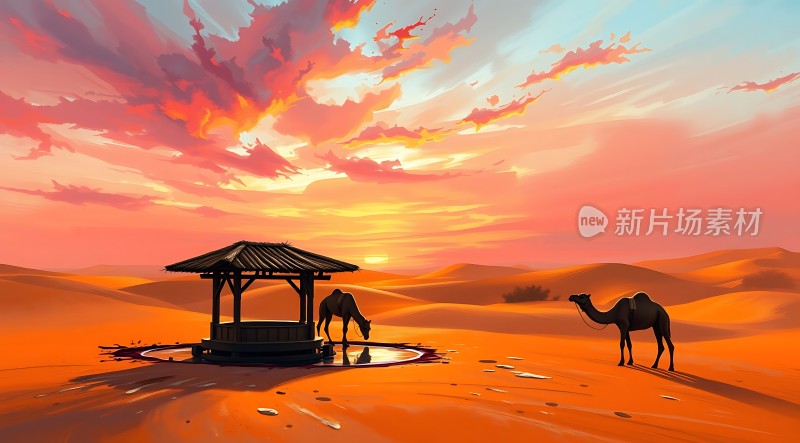 沙漠驼影日落图