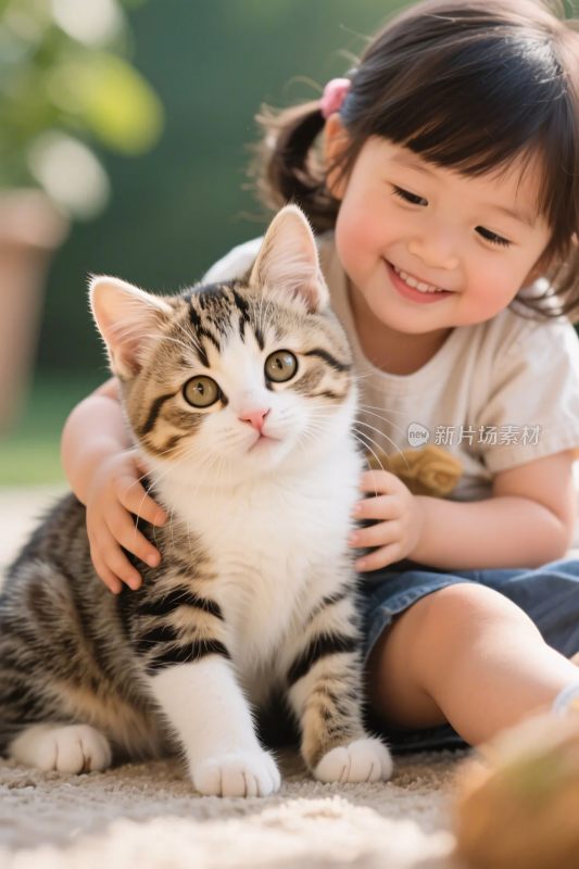 小女孩与小猫温馨合影