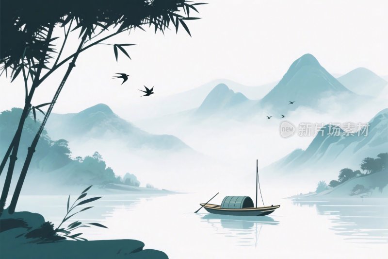 山水水墨风景插画