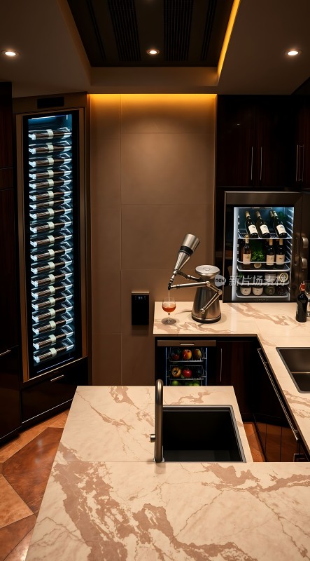 现代厨房设计酒柜、大理石台面和酒杯展示