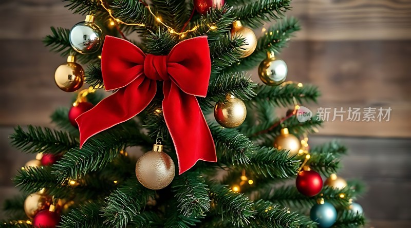 圣诞树上的红色蝴蝶结和金色、银色球体装饰