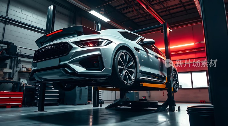 银色奥迪跑车在维修车间中接受检查与保养