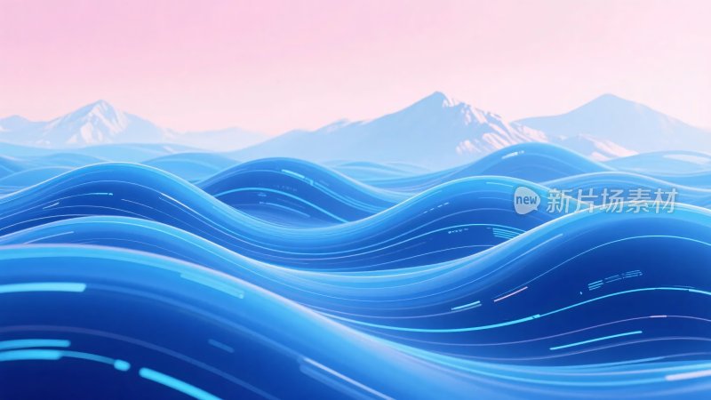 蓝色海洋与远山插画风景