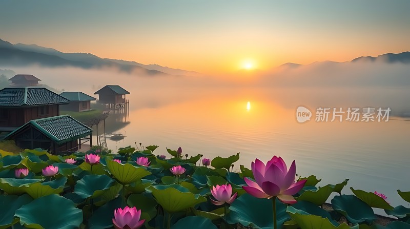 湖畔晨曦映荷花