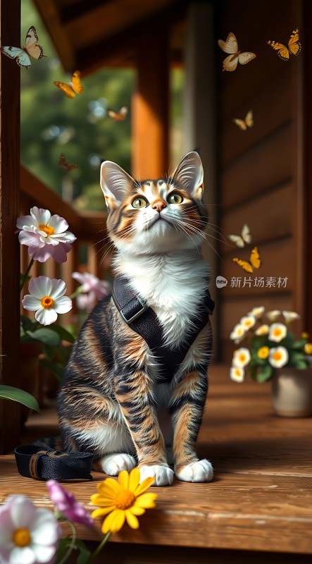 小猫与蝴蝶共舞于花丛间