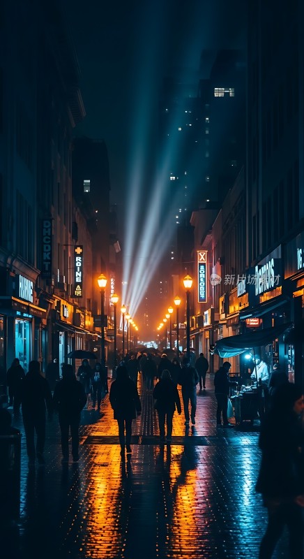 夜幕下的繁华街道霓虹闪烁人群熙攘