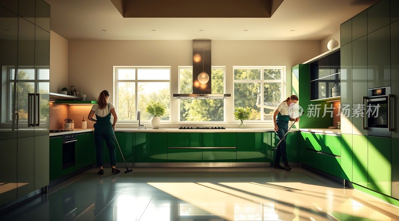 阳光下的绿色厨房两个人正在打扫卫生