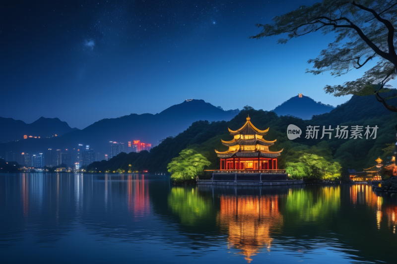 湖中宝塔的夜间景观一座山高清图片