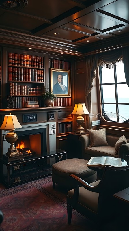 豪华书房壁炉旁的书架与沙发椅