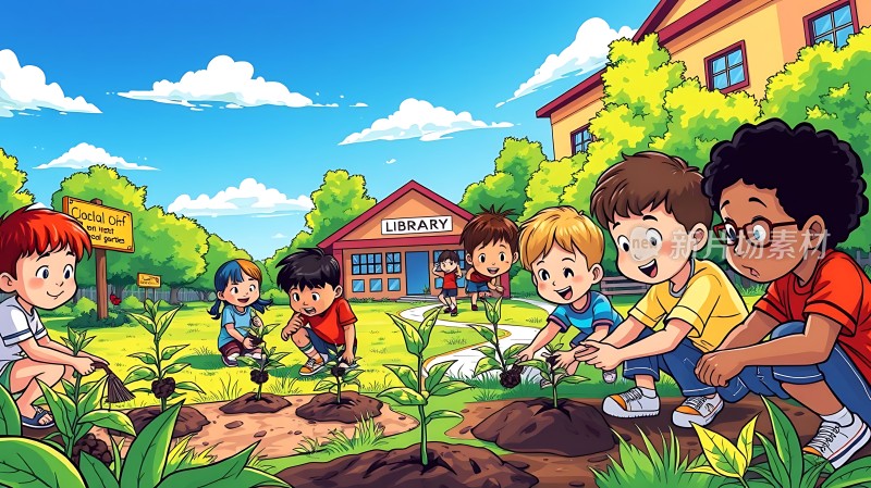 孩子们在图书馆前种树
