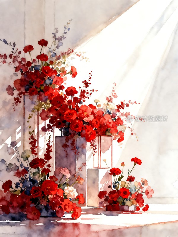 阳光下的红色花艺展示