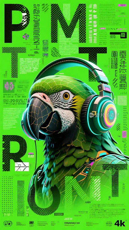 鹦鹉戴耳机绿色背景音乐世界