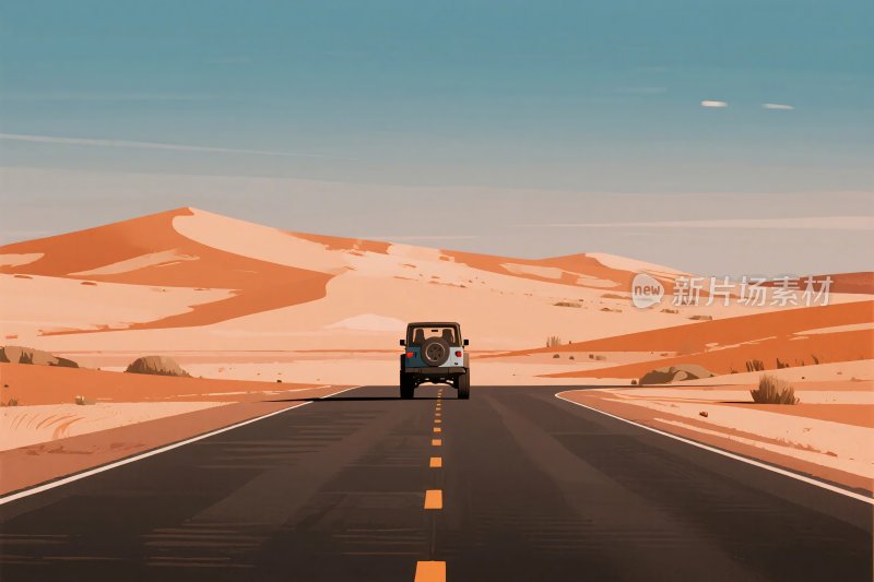 沙漠公路上行驶的越野车
