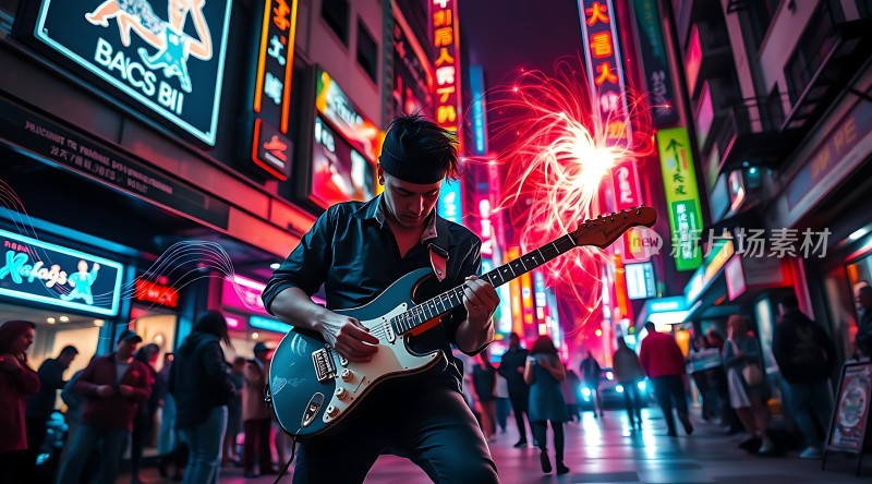 街头吉他手霓虹灯光下演奏