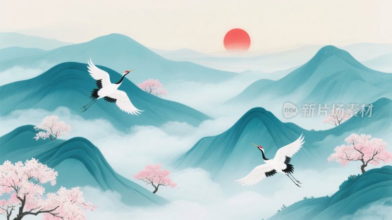 山水间双鹤伴红日飞翔图