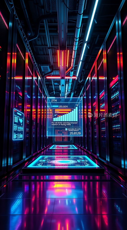 科技感十足的数据中心内部充满未来感的霓虹灯光和电子屏幕数据图表