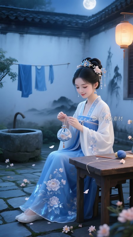 汉服佳人月下缝花囊