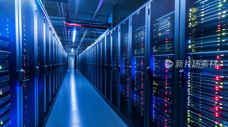 数据中心内部服务器机架与灯光效果