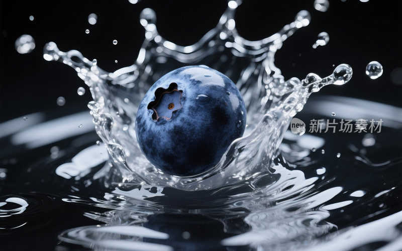 新鲜的蓝莓掉入水中