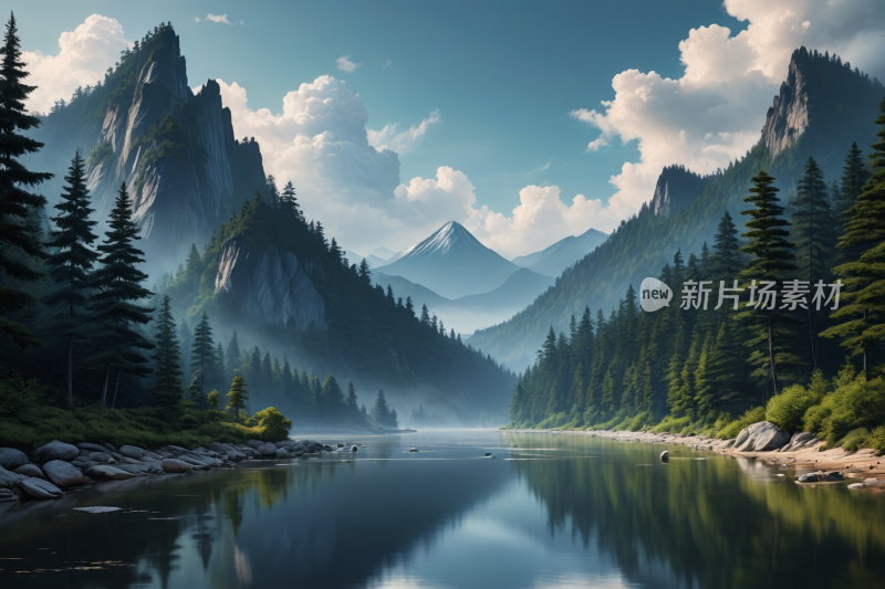 山林倒影在山区的湖泊中高清风景插画图片