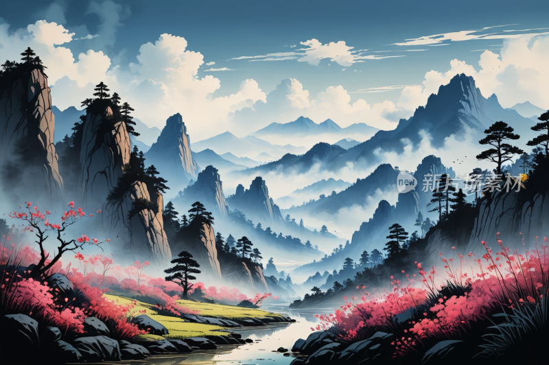 有河流和鸟山地风景高清插图