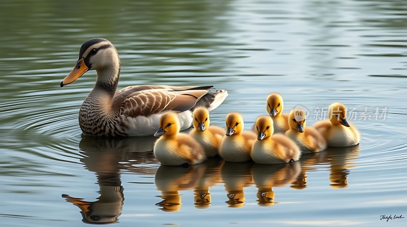 母鸭带小鸭游泳