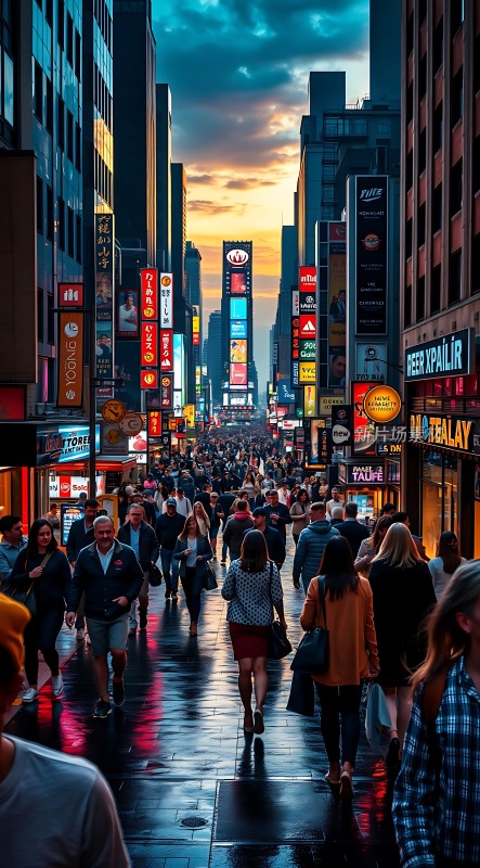 繁华都市街头霓虹闪烁人群熙攘