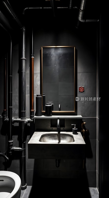 工业风洗手间设计黑色管道与白色洗手台形成鲜明对比