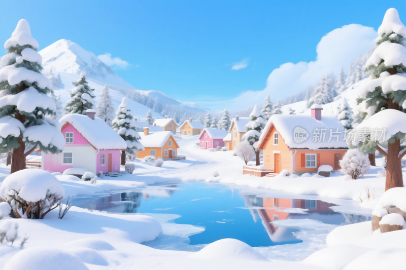 冬季童话般的雪景和孩子们堆雪人