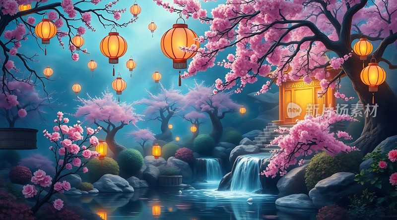 春夜灯笼映桃花