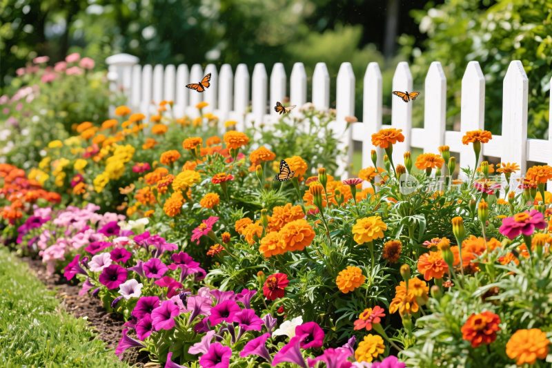 花园花丛与白色尖篱笆
