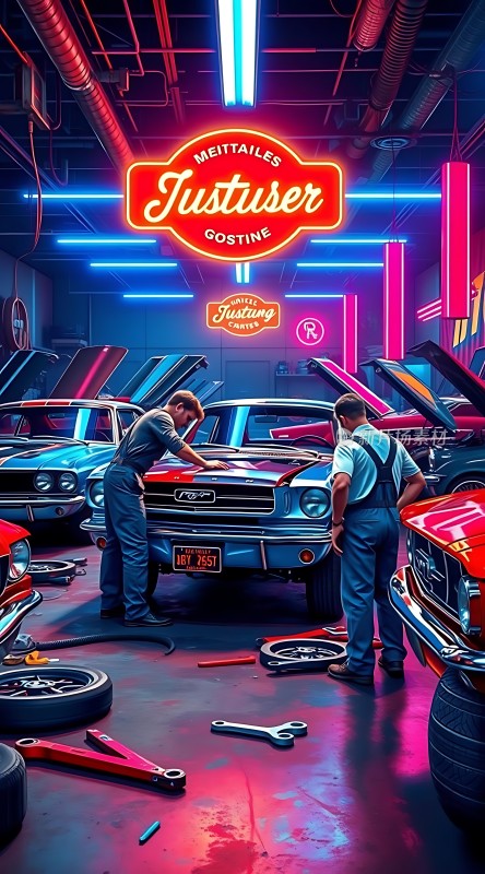 霓虹车库里的经典车修理工