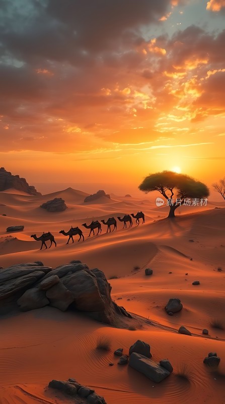 沙漠驼队日落行
