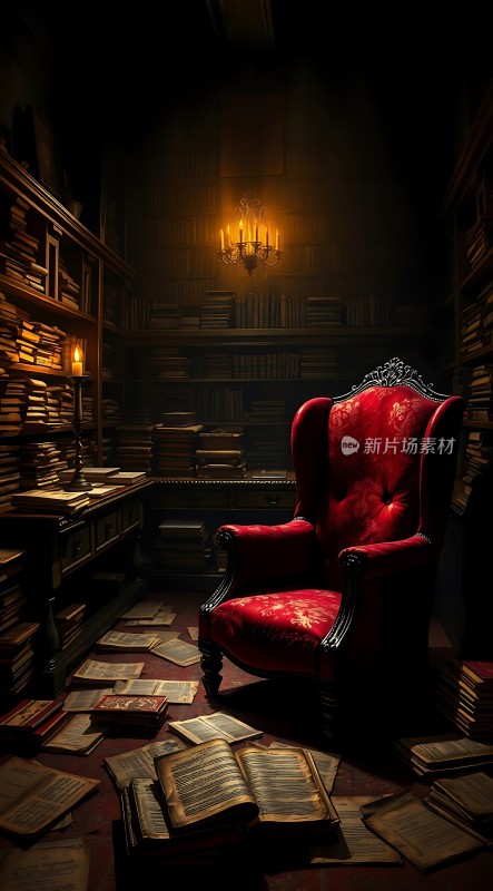 红色书椅与古老书房