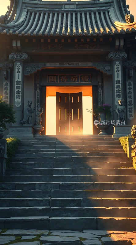 晨曦中的古寺大门