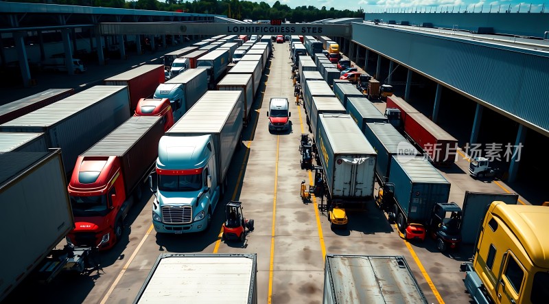 繁忙物流中心多辆卡车整齐排列展现高效运输场景