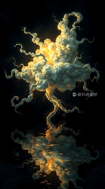 云中树影倒映水中