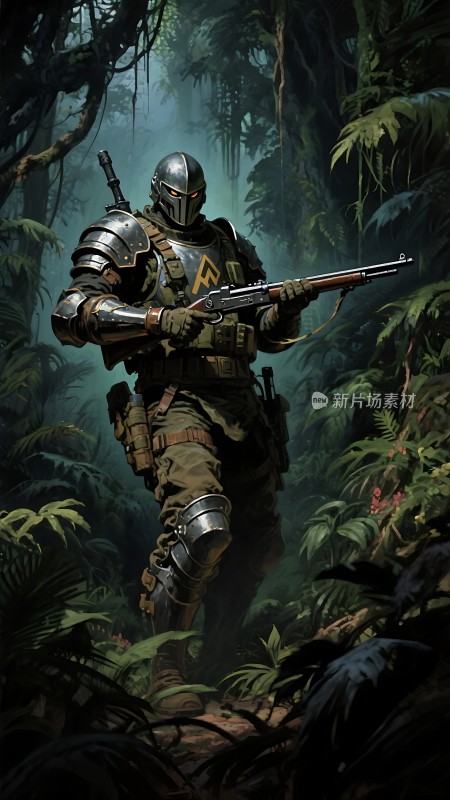 丛林战士全副武装手持枪械目光坚定