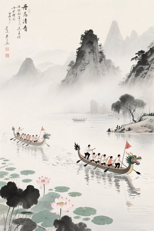 山水龙舟水墨画