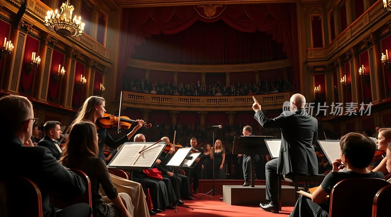 交响乐团指挥家引领乐手们演奏动人旋律