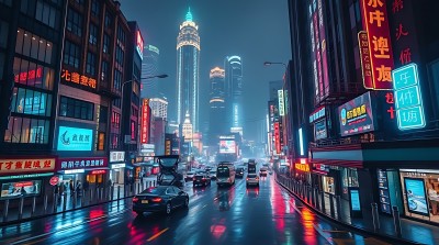 霓虹闪烁的未来都市夜景